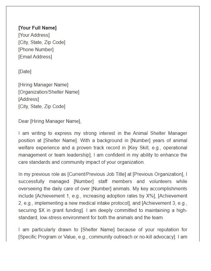 Animal Shelter Manager Cover Letter Template