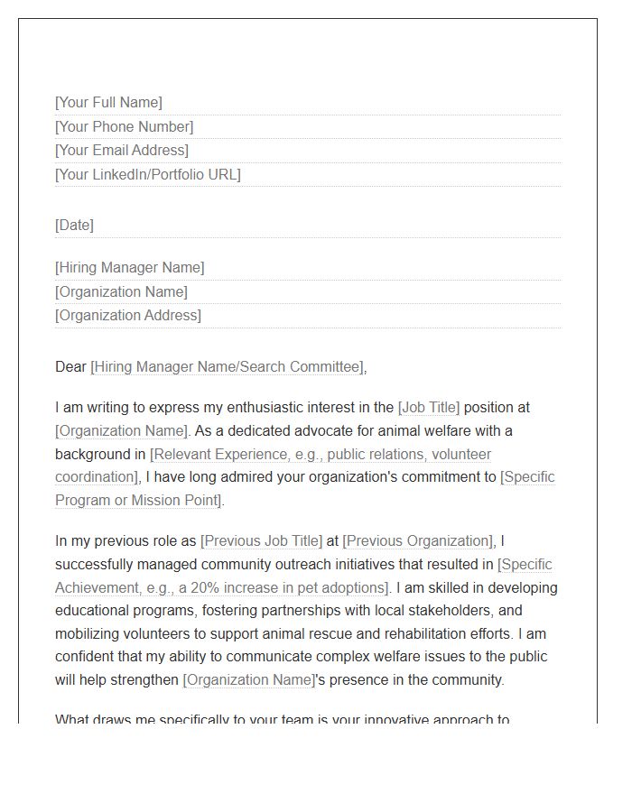 Community Outreach Animal Welfare Cover Letter Template