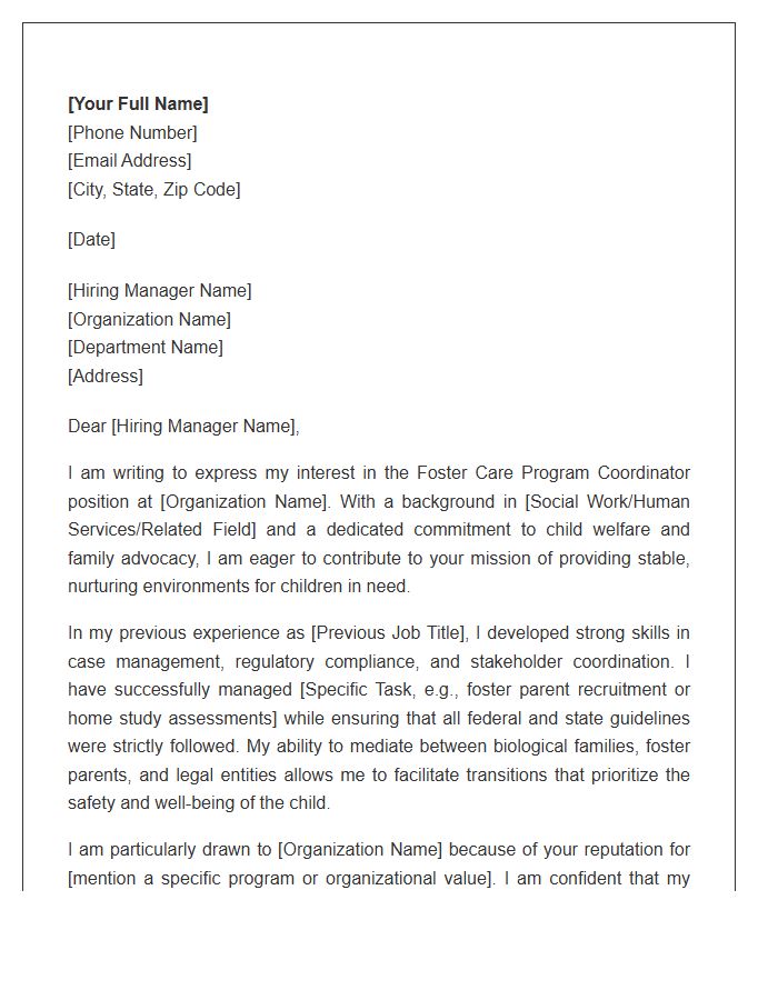 Foster Care Program Coordinator Cover Letter Template