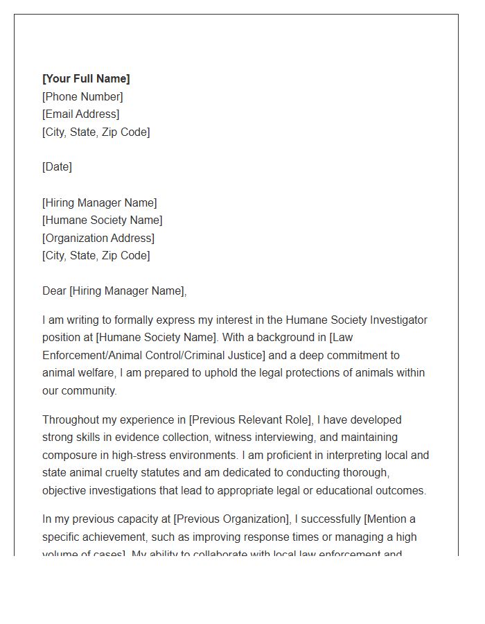 Humane Society Investigator Cover Letter Template