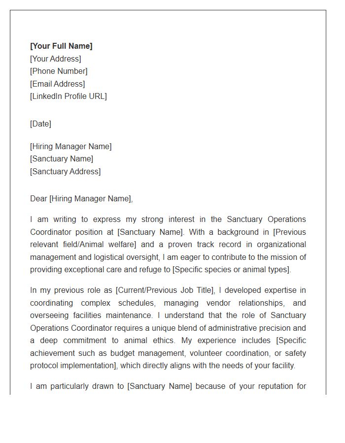 Sanctuary Operations Coordinator Cover Letter Template