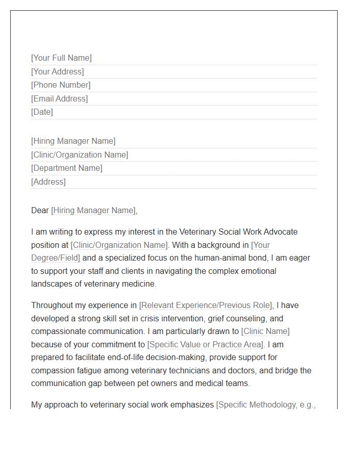 Veterinary Social Work Advocate Cover Letter Template