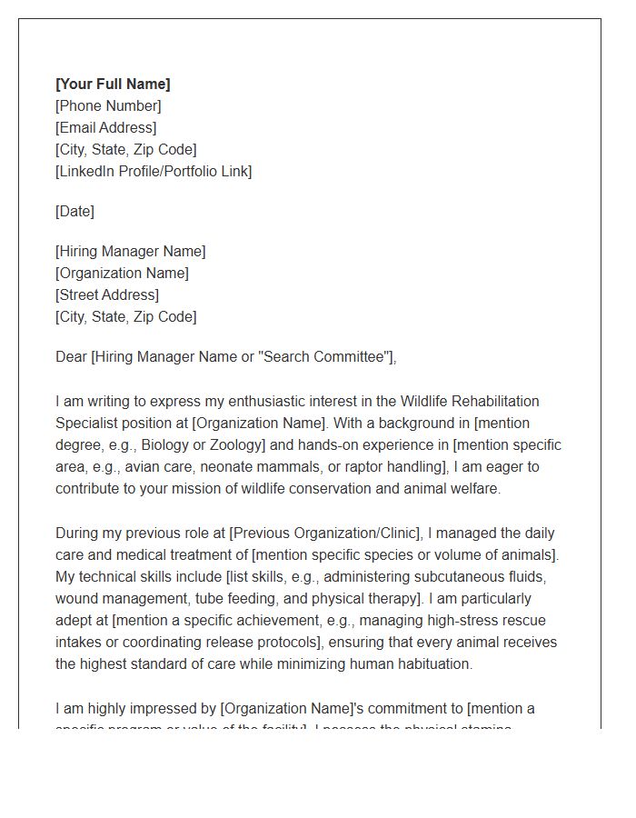 Wildlife Rehabilitation Specialist Cover Letter Template
