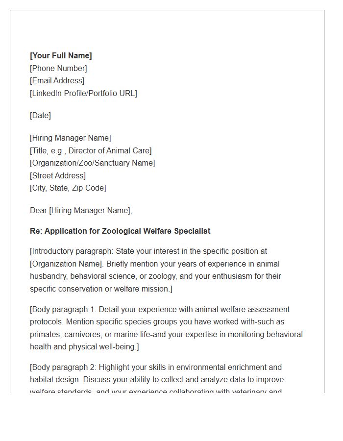 Zoological Welfare Specialist Cover Letter Template