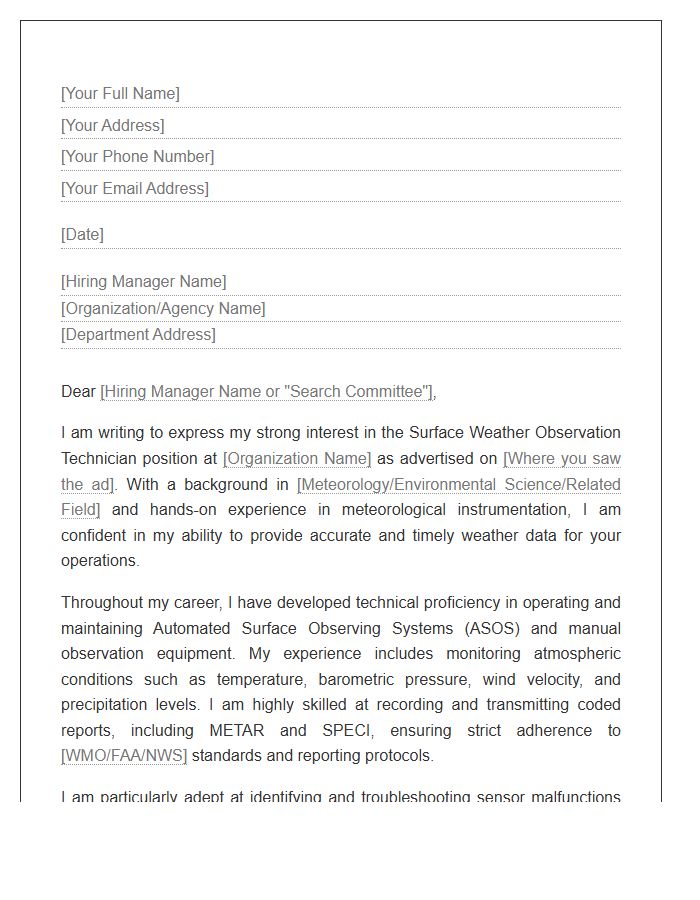 Surface Weather Observation Technician Cover Letter Template