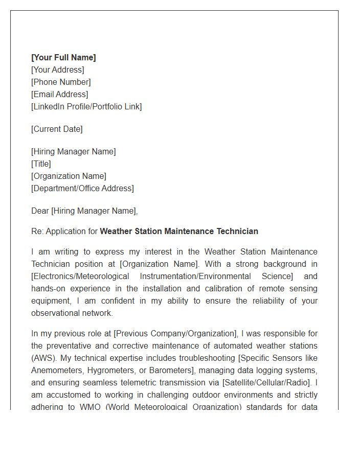 Weather Station Maintenance Technician Cover Letter Template