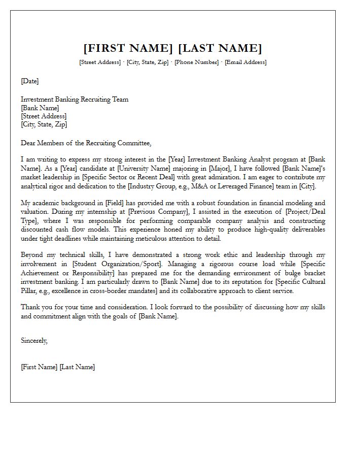 Bulge Bracket Investment Banking Analyst Cover Letter Template