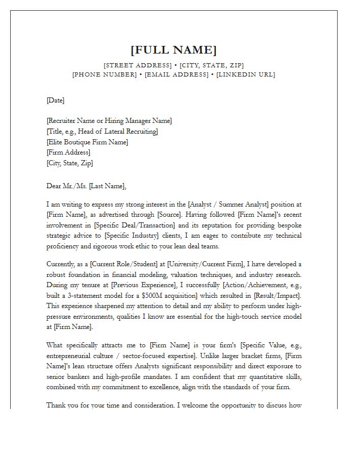 Elite Boutique Investment Banking Analyst Cover Letter Template