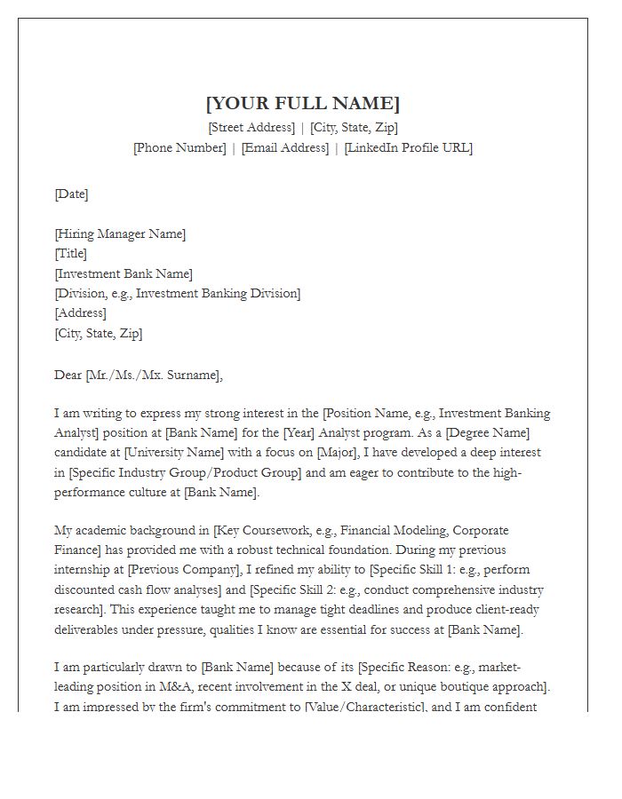 Entry Level Investment Banking Analyst Cover Letter Template