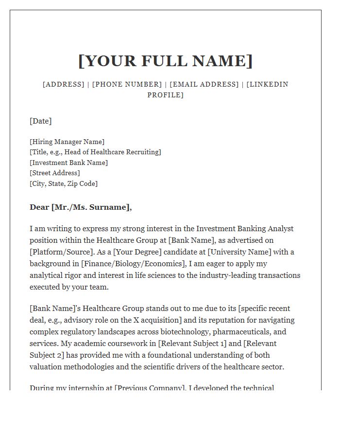 Healthcare Group Investment Banking Analyst Cover Letter Template