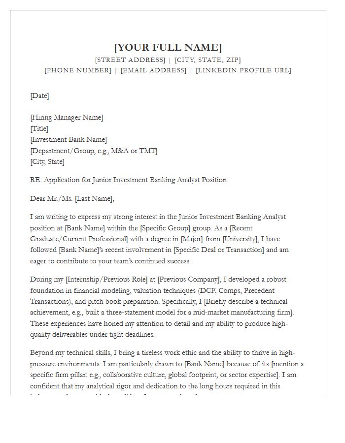 Junior Investment Banking Analyst Cover Letter Template