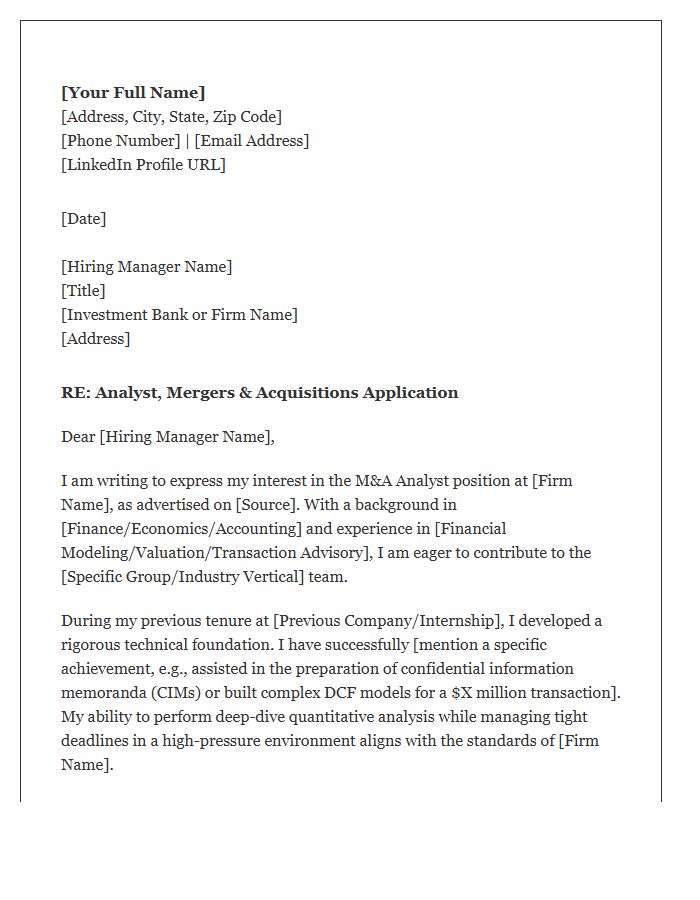 Mergers and Acquisitions Analyst Cover Letter Template