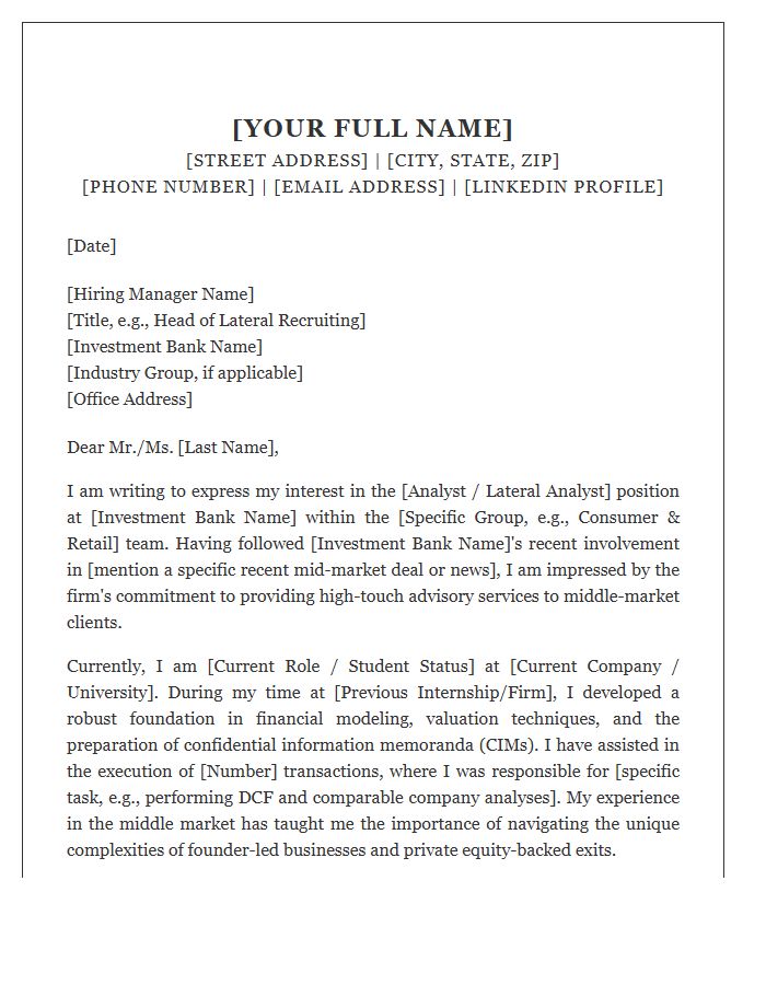 Middle Market Investment Banking Analyst Cover Letter Template