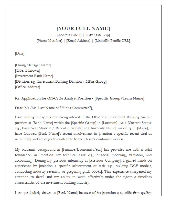 Off Cycle Investment Banking Analyst Cover Letter Template