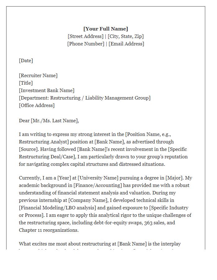 Restructuring Investment Banking Analyst Cover Letter Template