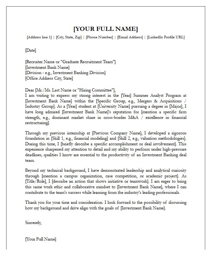 Summer Analyst Investment Banking Cover Letter Template