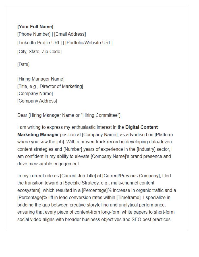 Digital Content Marketing Manager Cover Letter Template Industry Standard