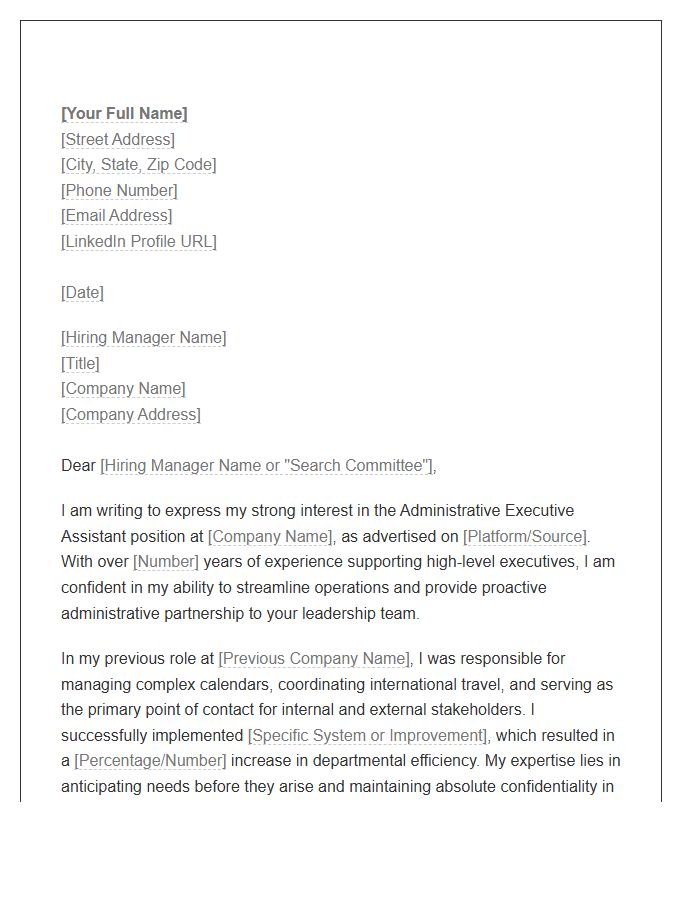 Administrative Executive Assistant Cover Letter Template