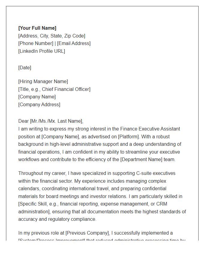Finance Executive Assistant Cover Letter Template