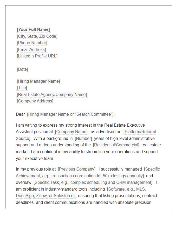 Real Estate Executive Assistant Cover Letter Template