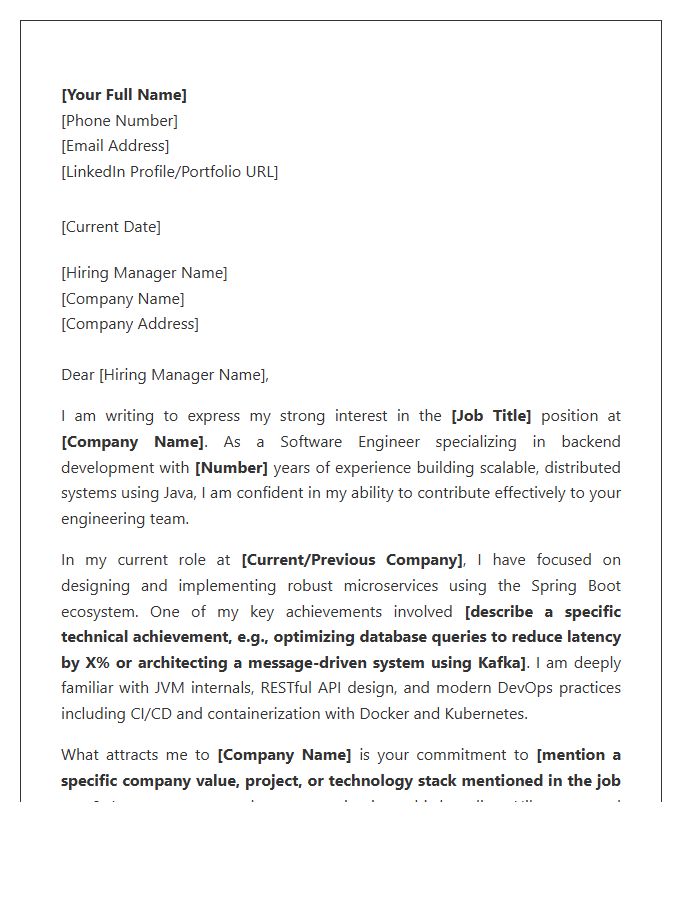 Backend Java Software Engineer Cover Letter Template