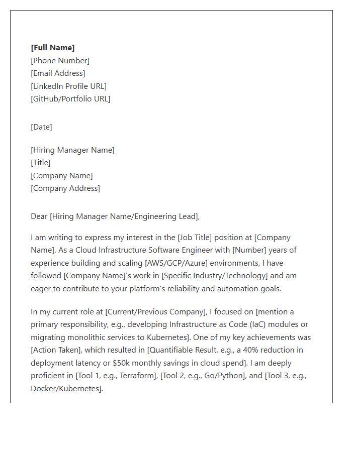 Cloud Infrastructure Software Engineer Cover Letter Template