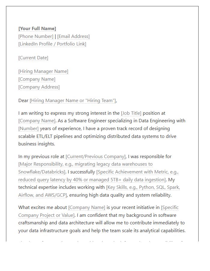 Data Engineering Software Engineer Cover Letter Template