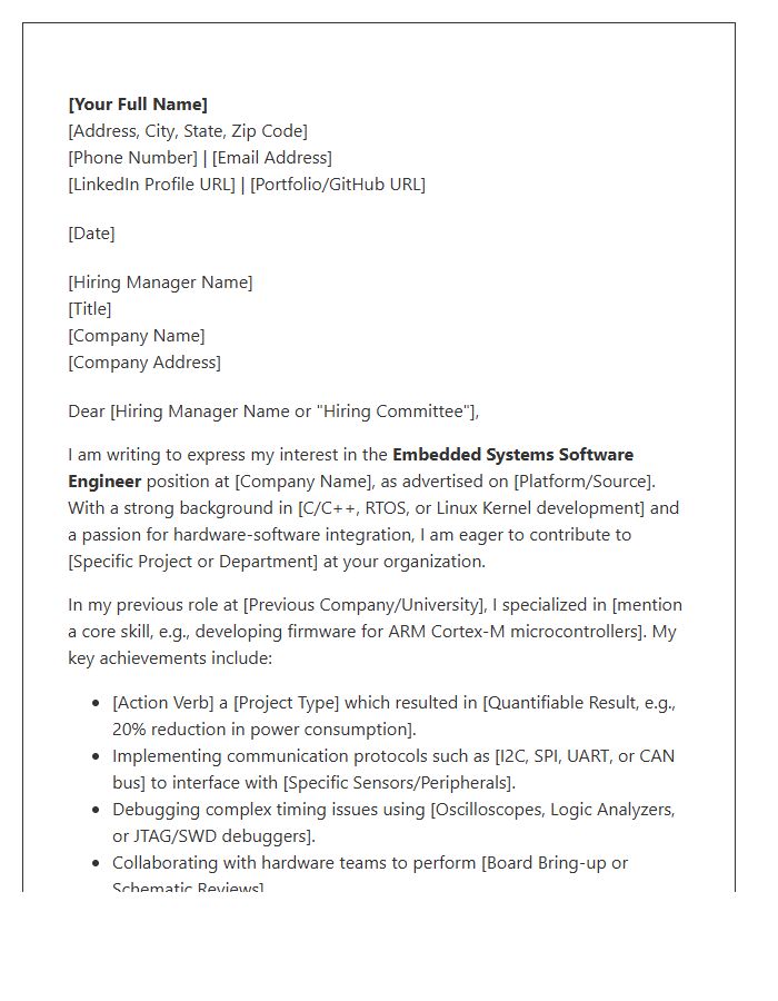 Embedded Systems Software Engineer Cover Letter Template