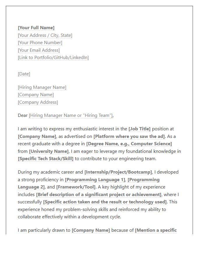 Entry Level Software Engineer Cover Letter Template