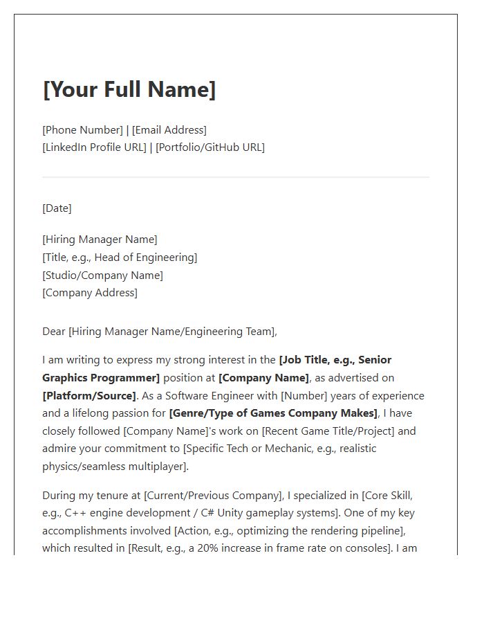 Game Development Software Engineer Cover Letter Template