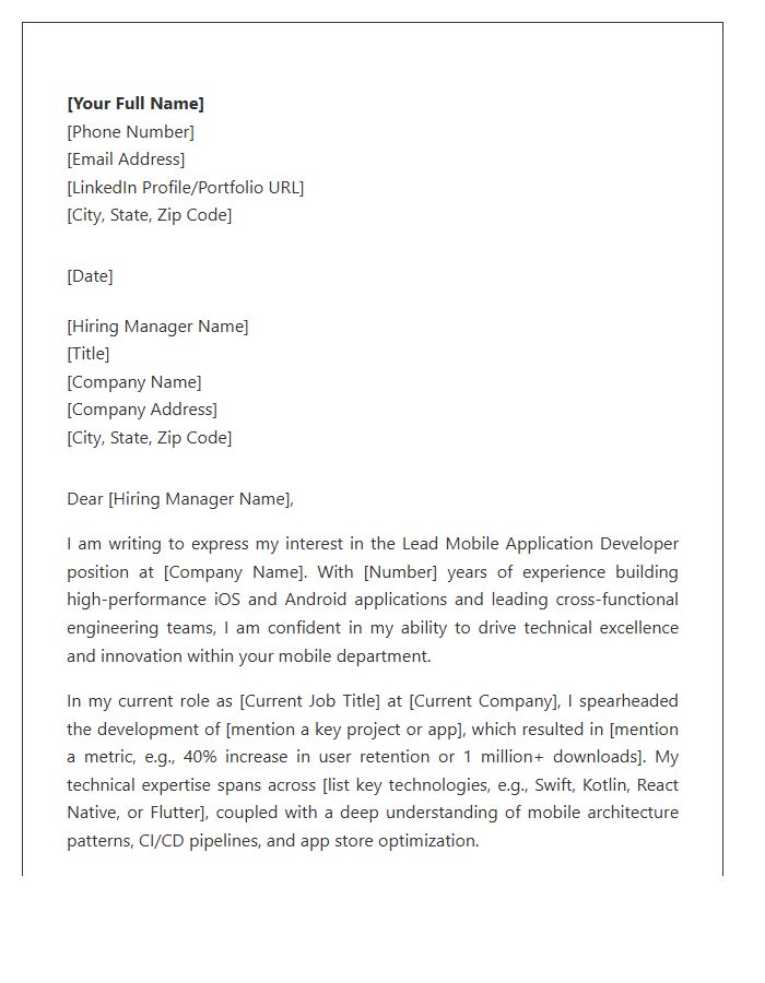 Lead Mobile Application Developer Cover Letter Template