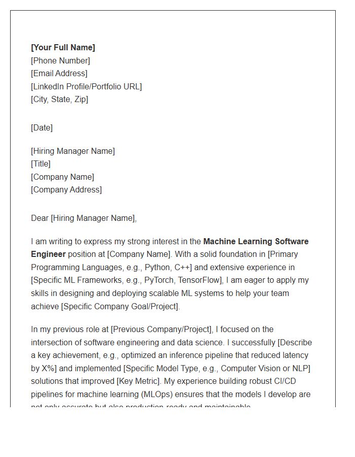 Machine Learning Software Engineer Cover Letter Template