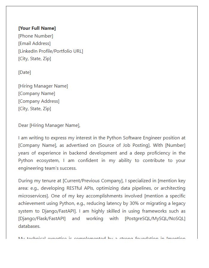 Python Software Engineer Cover Letter Template