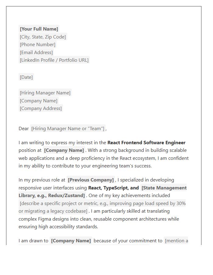 React Frontend Software Engineer Cover Letter Template