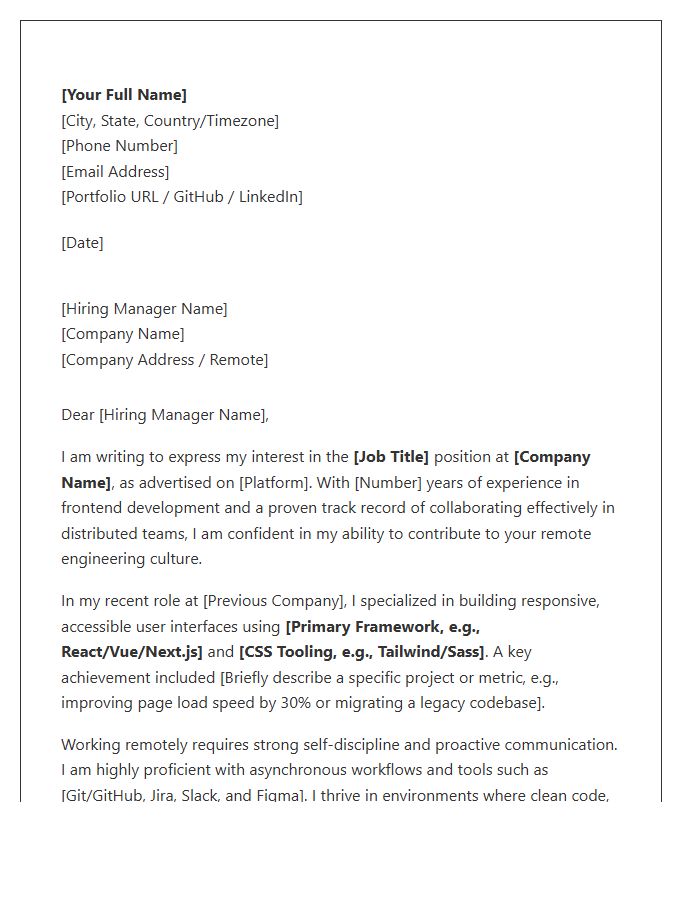 Remote Frontend Developer Cover Letter Template
