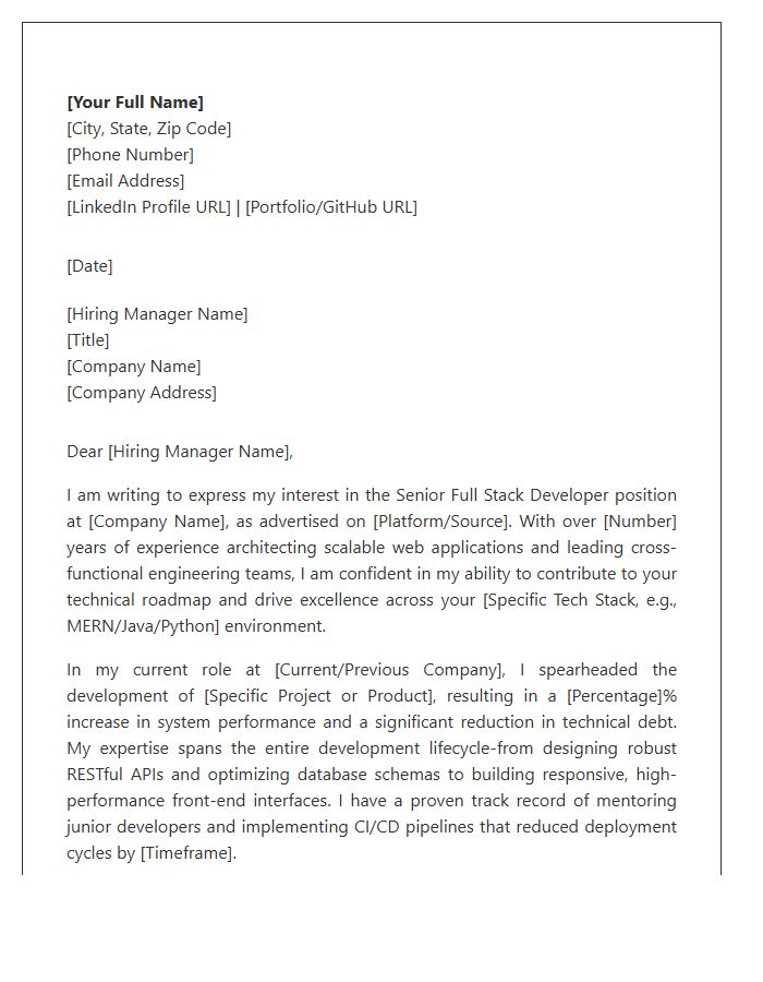 Senior Full Stack Developer Cover Letter Template