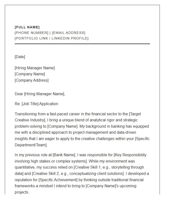 Banking To Creative Industry Career Change Professional Cover Letter Template
