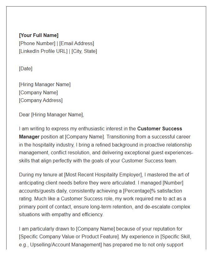Hospitality To Customer Success Career Change Professional Cover Letter Template