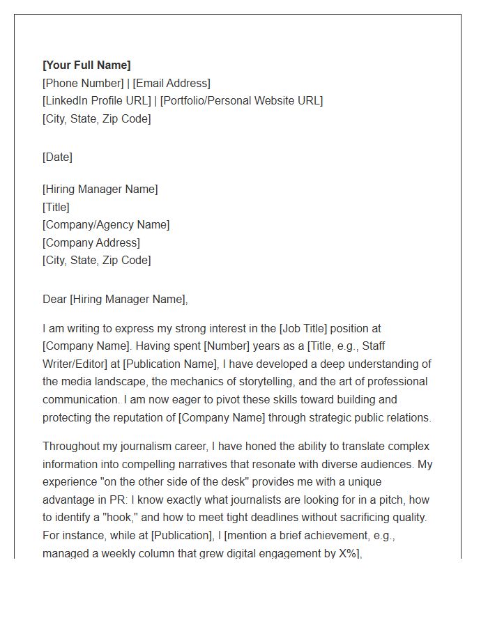 Journalism To Public Relations Career Change Professional Cover Letter Template