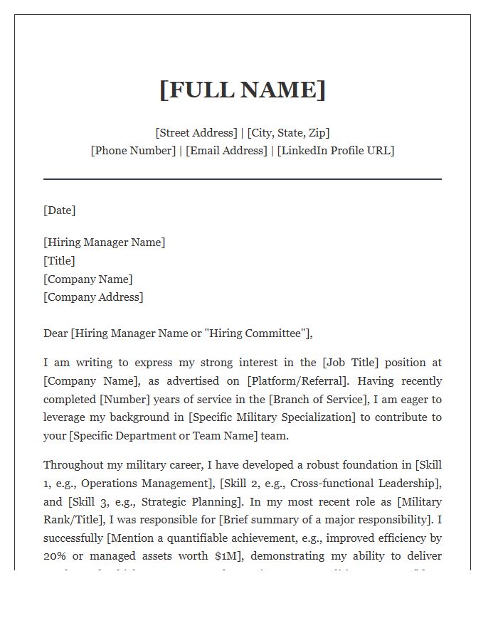 Military To Civilian Career Change Professional Cover Letter Template