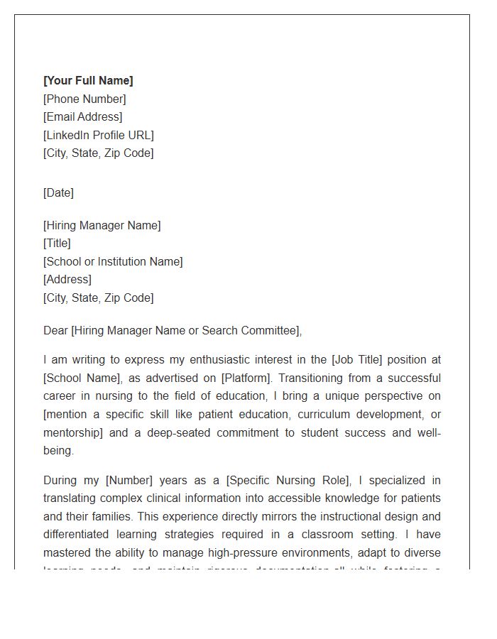 Nursing To Education Career Change Professional Cover Letter Template