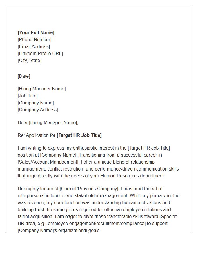 Sales To Human Resources Career Change Professional Cover Letter Template