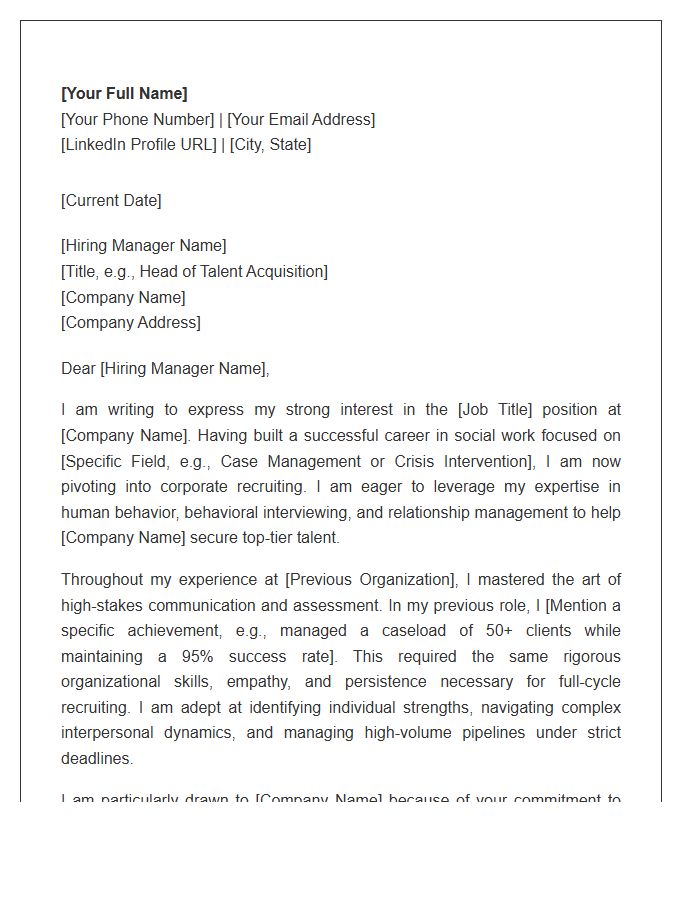 Social Work To Corporate Recruiting Career Change Professional Cover Letter Template