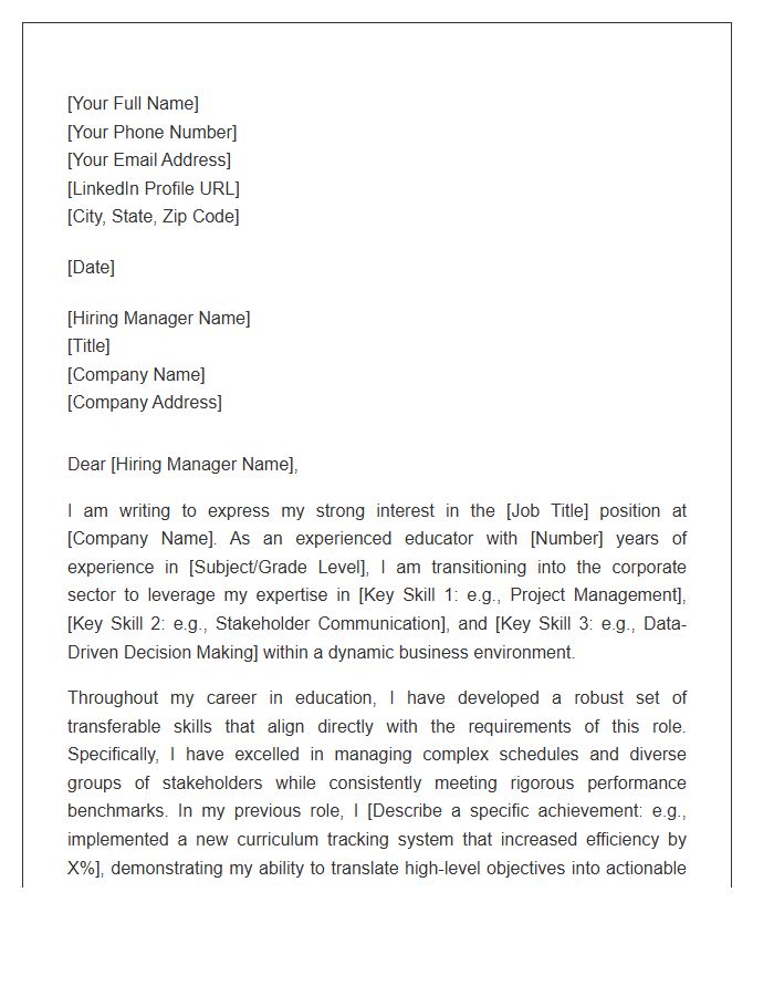Teacher Transitioning To Corporate Career Change Professional Cover Letter Template