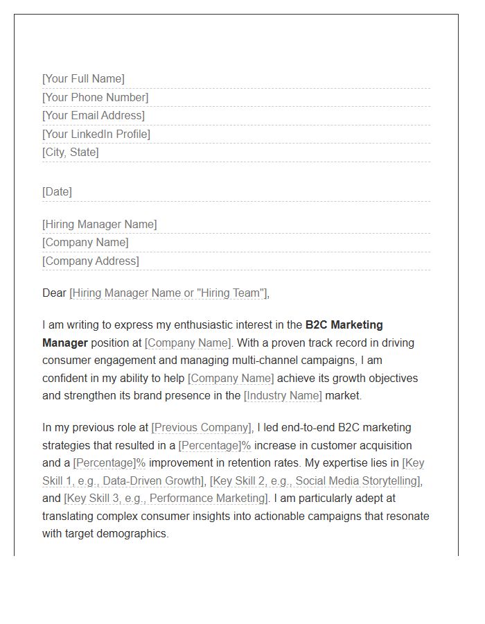 B2C Marketing Manager Cover Letter Template