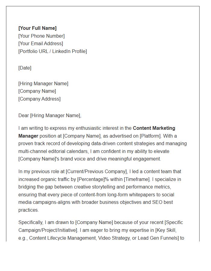 Content Marketing Manager Cover Letter Template