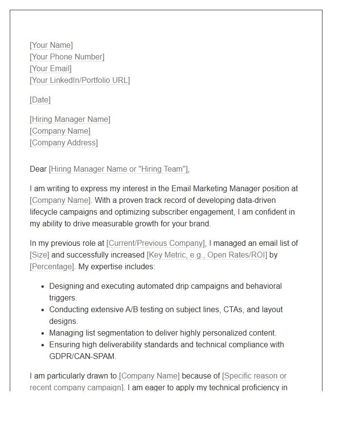 Email Marketing Manager Cover Letter Template