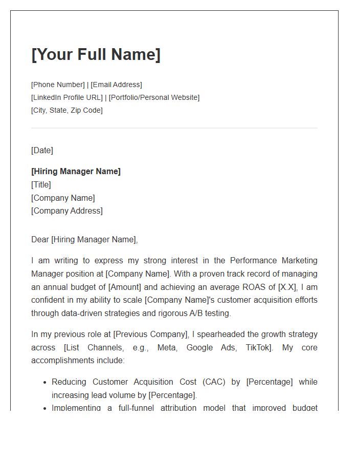 Performance Marketing Manager Cover Letter Template