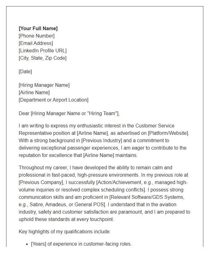 Airline Customer Service Representative Cover Letter Template