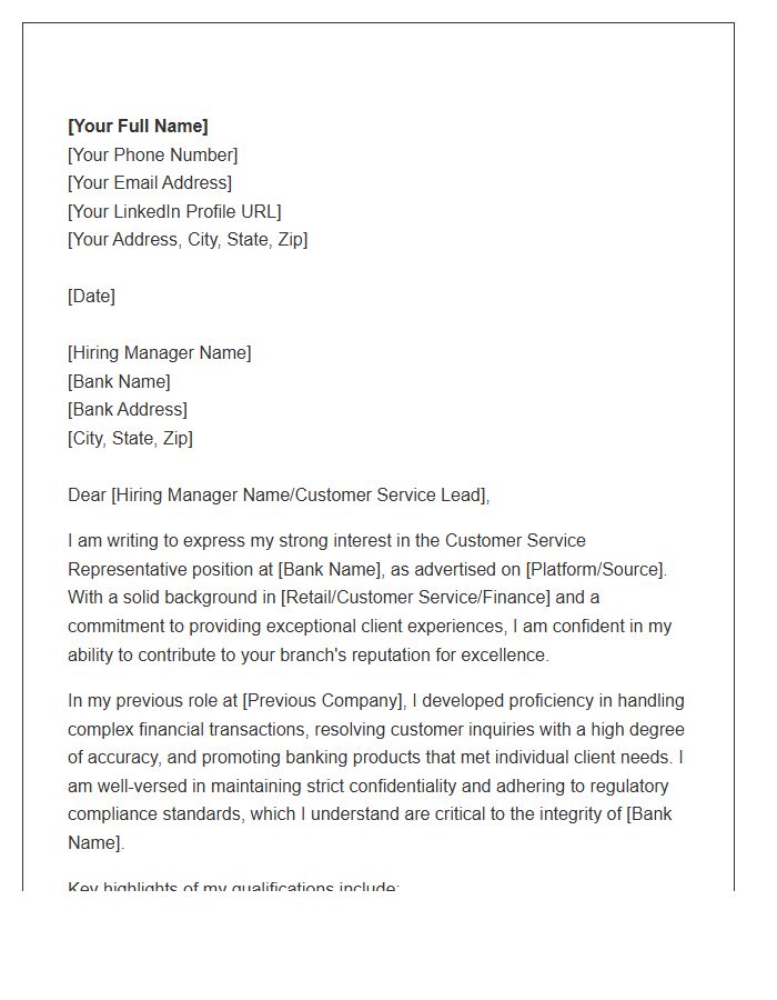 Banking Customer Service Representative Cover Letter Template